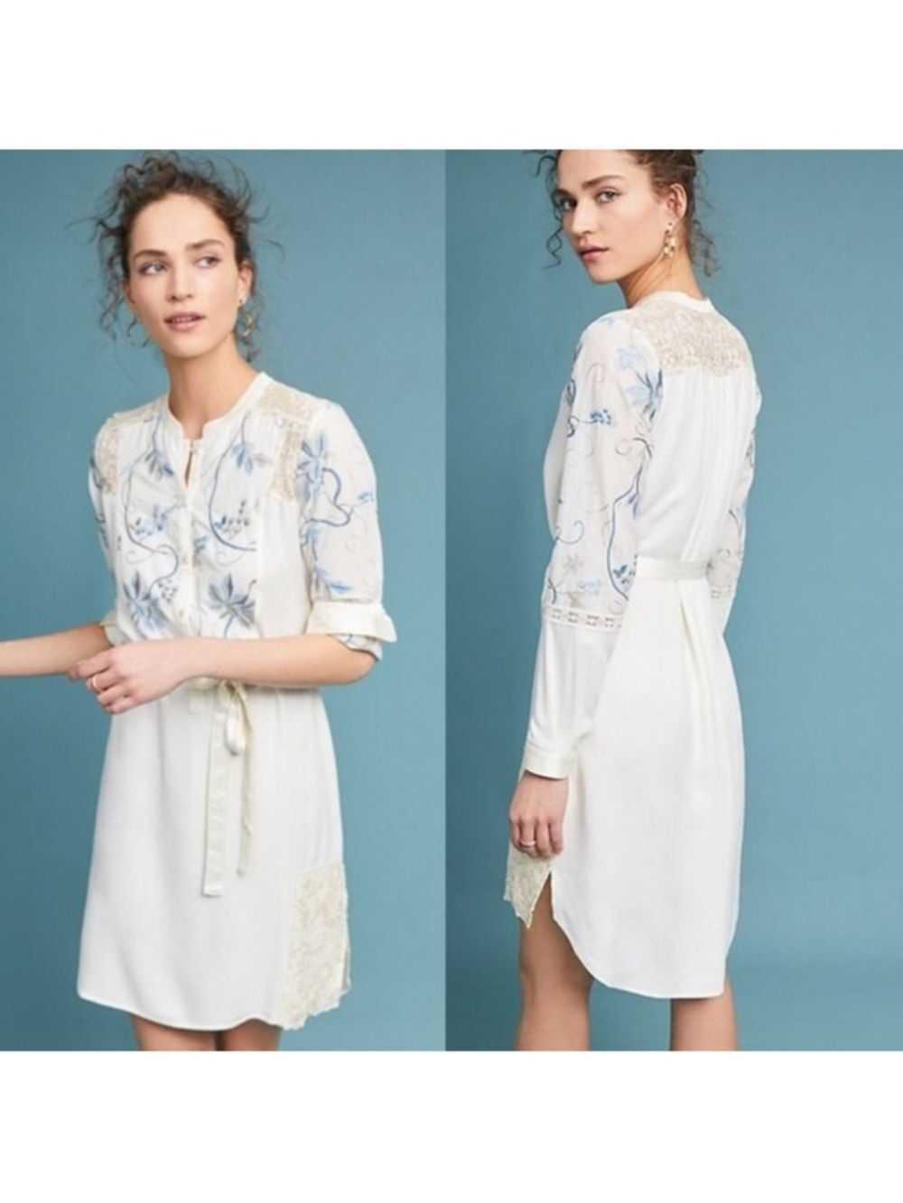 Anthropologie Tiny Amarante Embroidered Shirtdress High Low Lace Boho XS